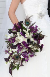 Wedding bouquet Cascading wedding bouquet,in white and eggplant color — Katy Florist & Gifts, Katy TX
